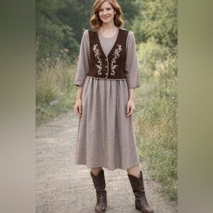 Vintage Cottagecore Prairie Dress Size 12 Brown Embroidered Vest Midi Folk Boho